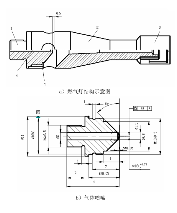 汽车内饰材料垂直燃烧特性技术要求和试验方法燃气灯管由空气室、气体混合区、扩散区和气体出口四部分组成，结构和尺寸图